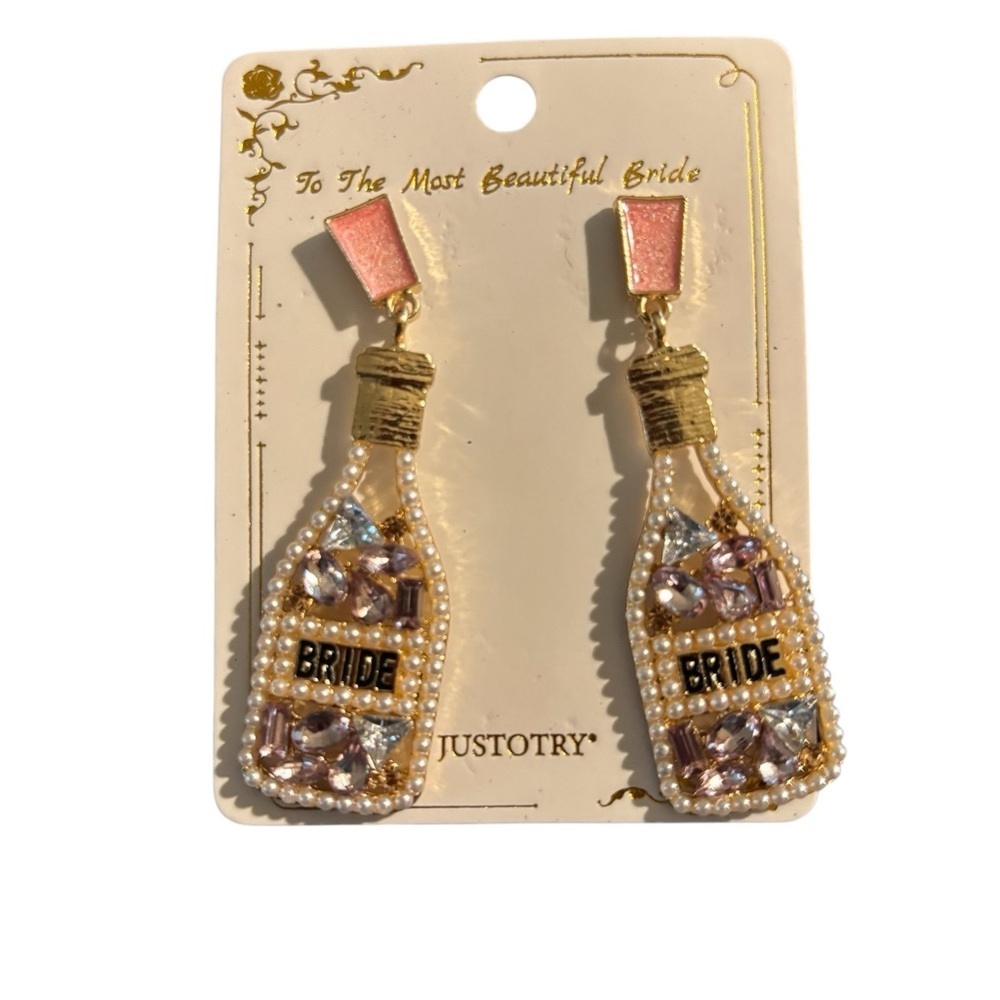 Bachelorette Bride Crystal Champagne Bottle Pierced Dangle Earrings